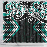 Turquoise Aotearoa Tukutuku Manawa Tapu Shower Curtain Ta Moko Toi Maori