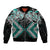 Turquoise Aotearoa Tukutuku Manawa Tapu Sleeve Zip Bomber Jacket Ta Moko Toi Maori