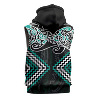 Turquoise Aotearoa Tukutuku Manawa Tapu Sleeveless Zip Hoodie Ta Moko Toi Maori - Polynesian Pride