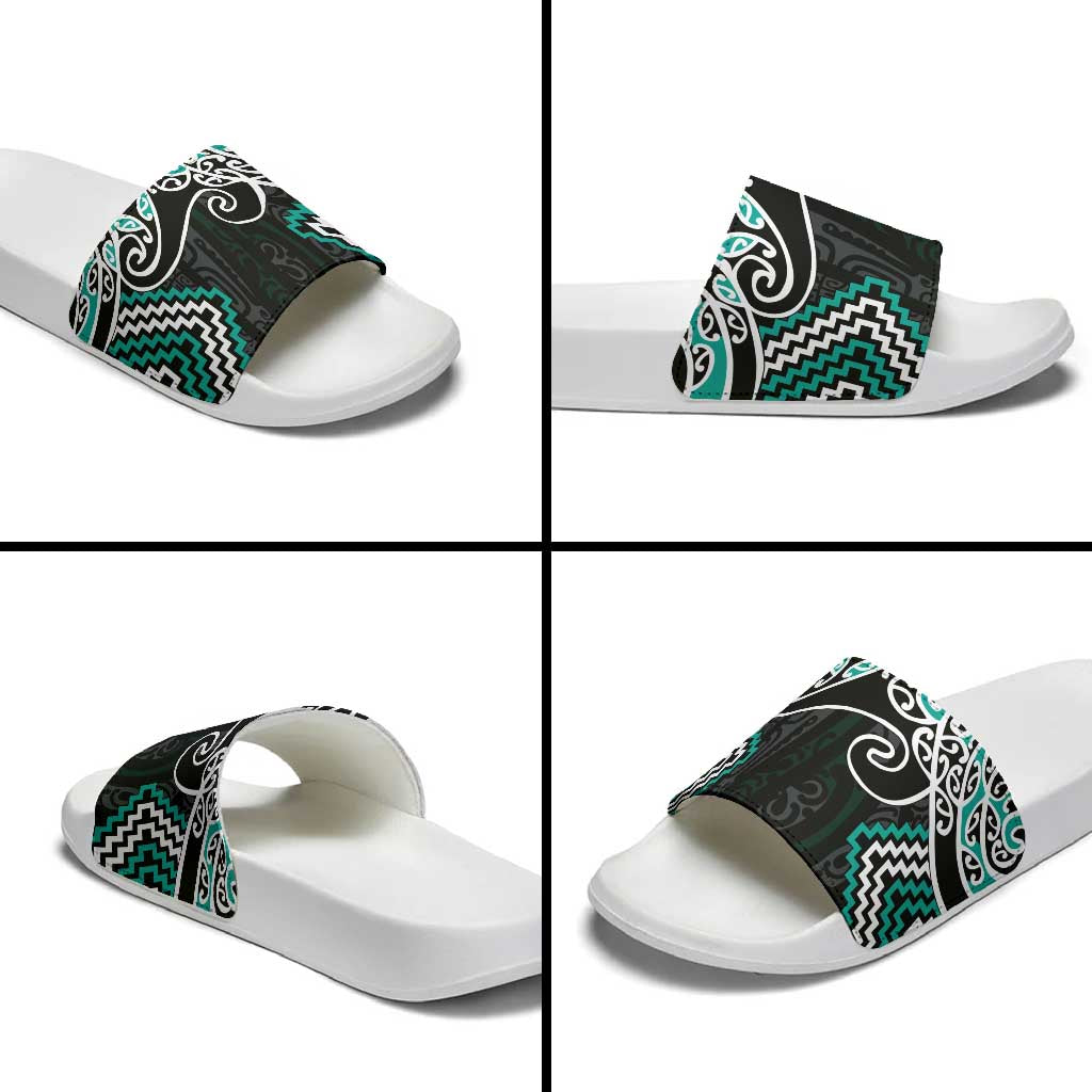Turquoise Aotearoa Tukutuku Manawa Tapu Slide Sandals Ta Moko Toi Maori - Polynesian Pride