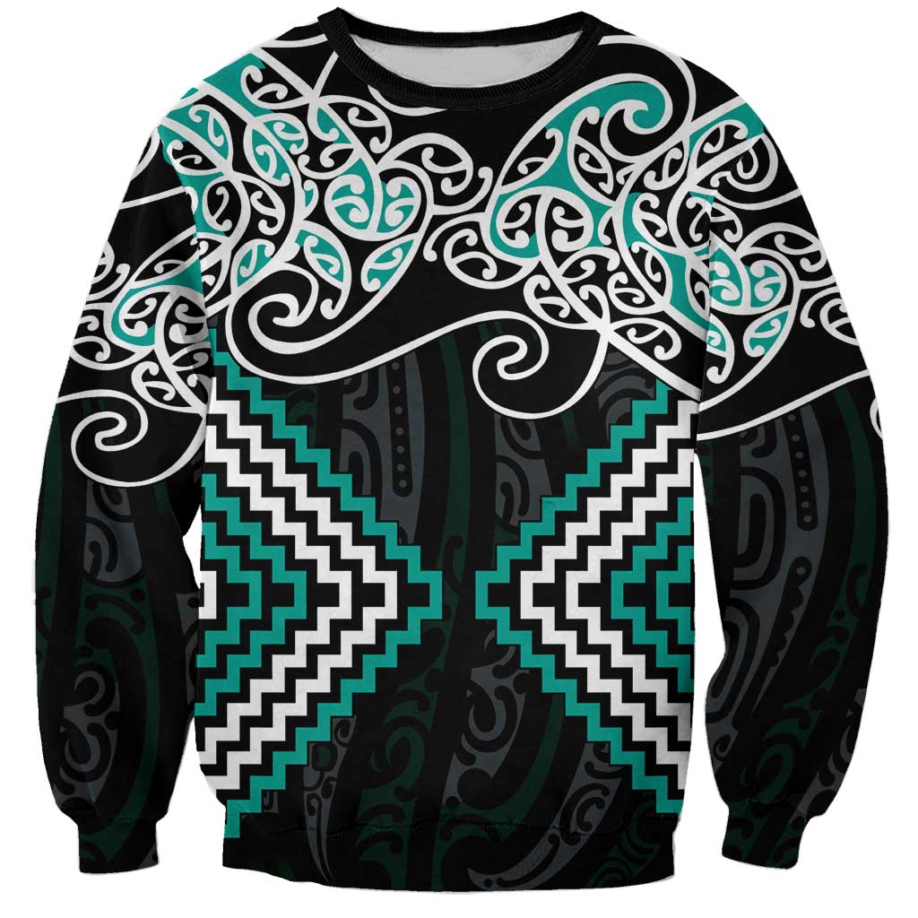 Turquoise Aotearoa Tukutuku Manawa Tapu Sweatshirt Ta Moko Toi Maori