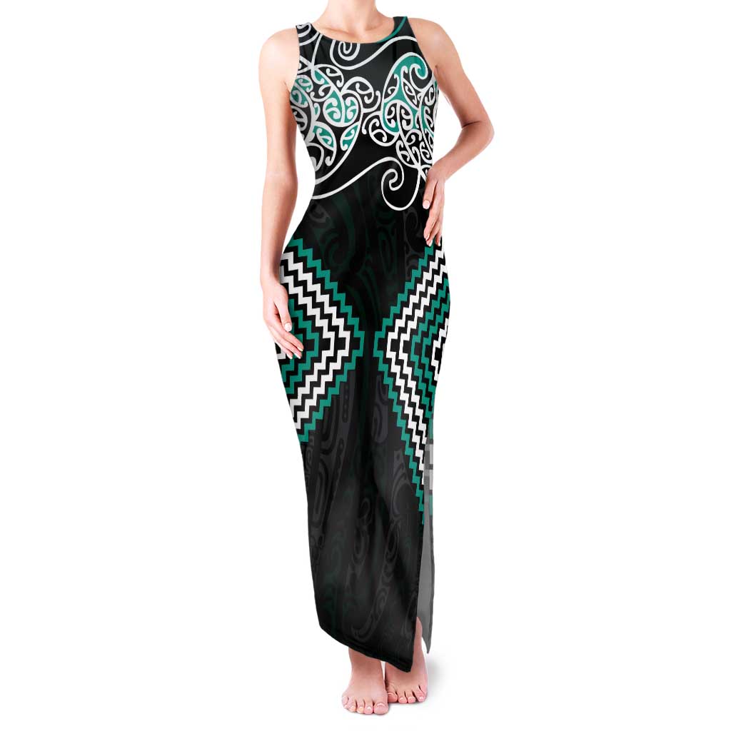 Turquoise Aotearoa Tukutuku Manawa Tapu Tank Maxi Dress Ta Moko Toi Maori