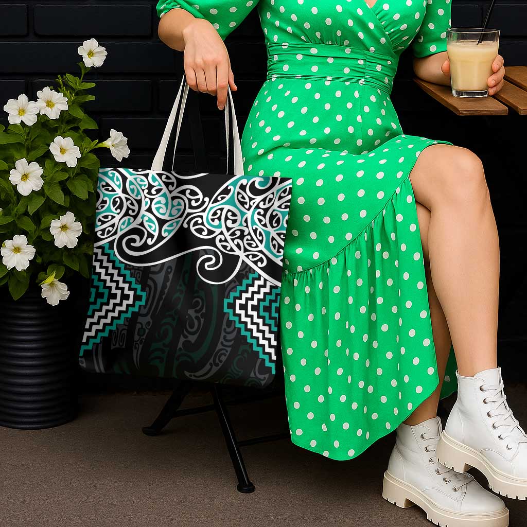 Turquoise Aotearoa Tukutuku Manawa Tapu Tote Bag Ta Moko Toi Maori - Polynesian Pride