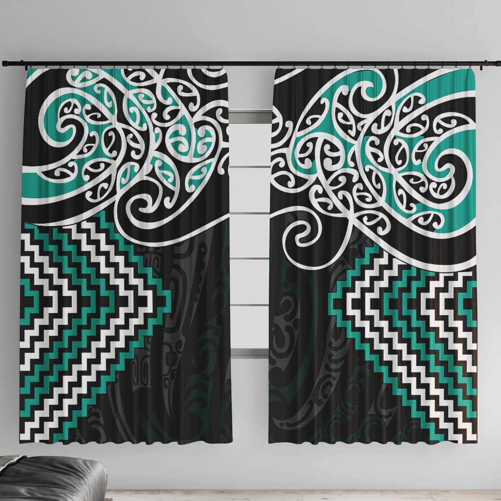 Turquoise Aotearoa Tukutuku Manawa Tapu Window Curtain Ta Moko Toi Maori