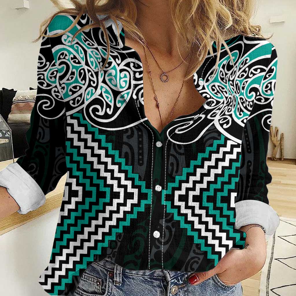 Turquoise Aotearoa Tukutuku Manawa Tapu Women Casual Shirt Ta Moko Toi Maori LT9 Female Turquoise - Polynesian Pride