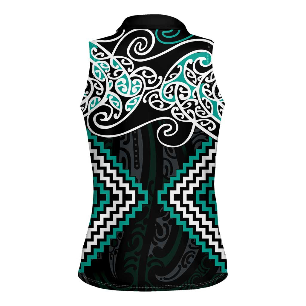 Turquoise Aotearoa Tukutuku Manawa Tapu Women Sleeveless Polo Shirt Ta Moko Toi Maori