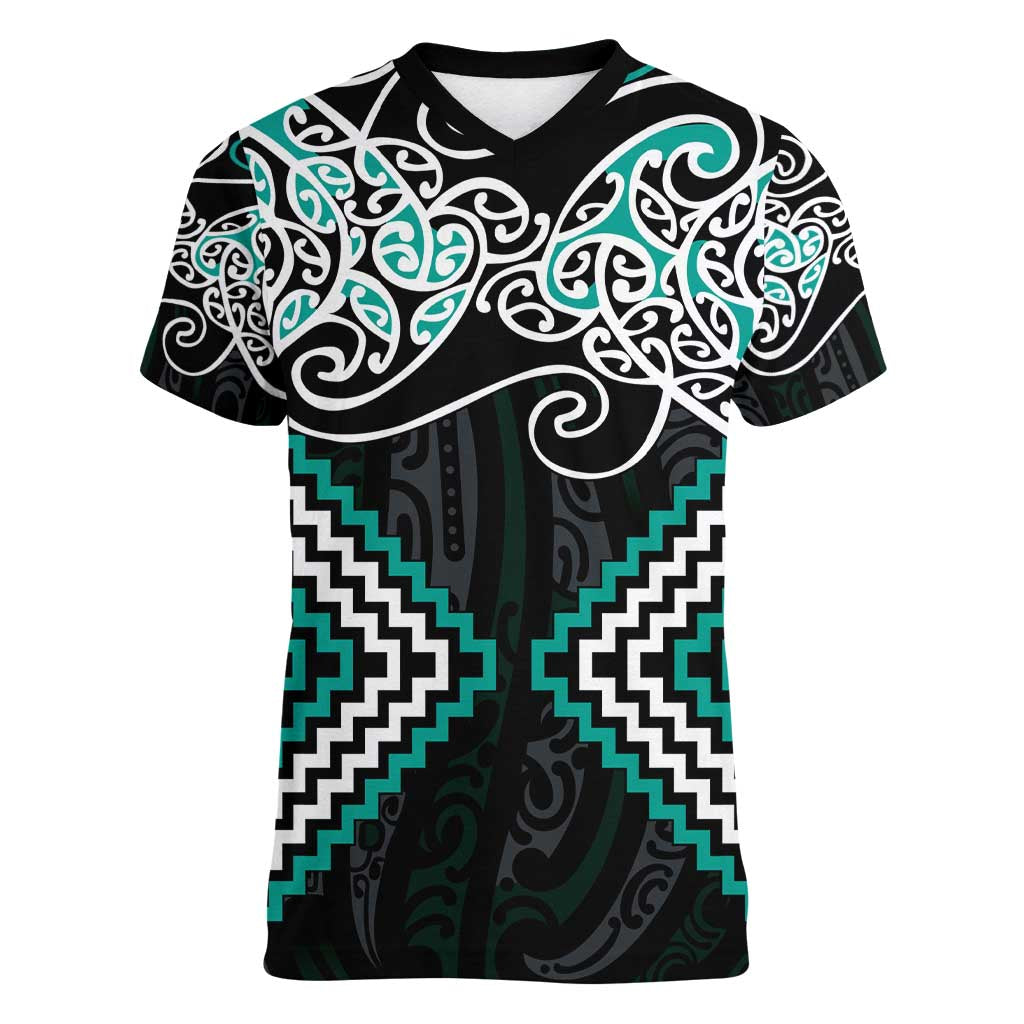 Turquoise Aotearoa Tukutuku Manawa Tapu Women V-Neck T-Shirt Ta Moko Toi Maori