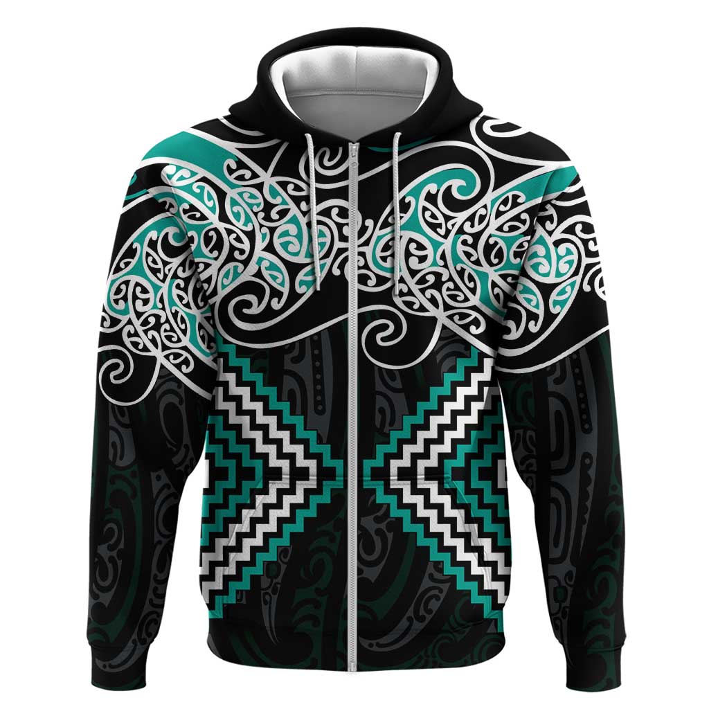 Turquoise Aotearoa Tukutuku Manawa Tapu Zip Hoodie Ta Moko Toi Maori