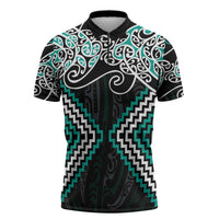 Turquoise Aotearoa Tukutuku Manawa Tapu Zipper Polo Shirt Ta Moko Toi Maori - Polynesian Pride