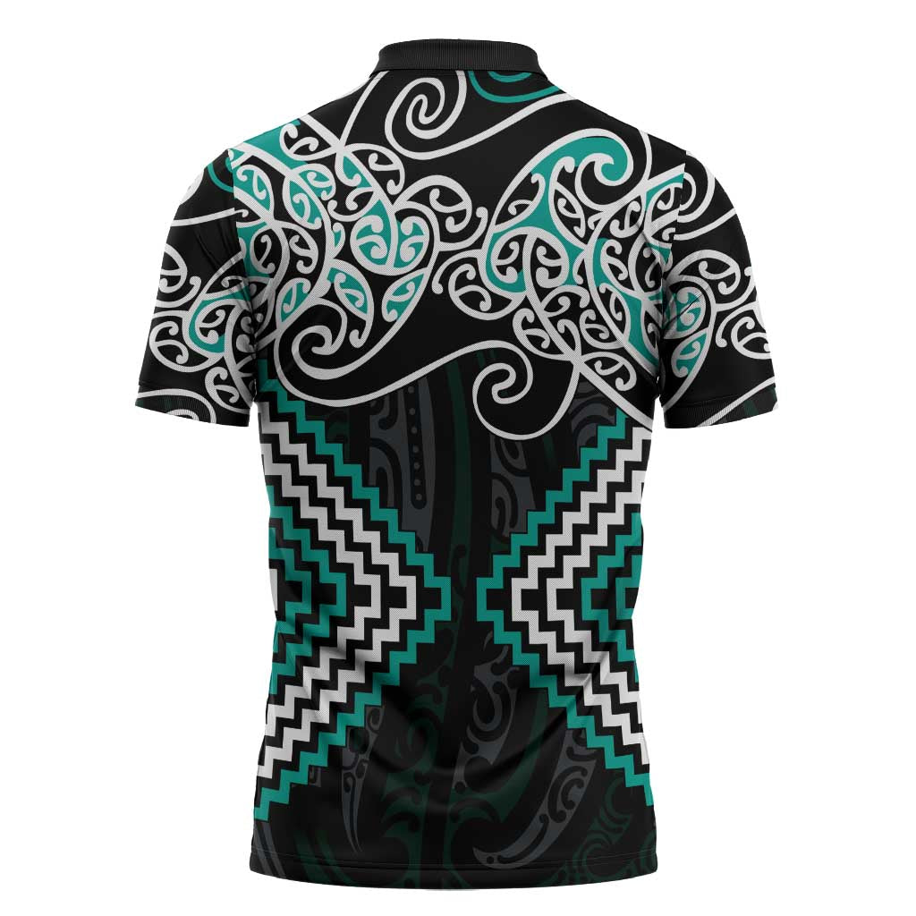 Turquoise Aotearoa Tukutuku Manawa Tapu Zipper Polo Shirt Ta Moko Toi Maori - Polynesian Pride