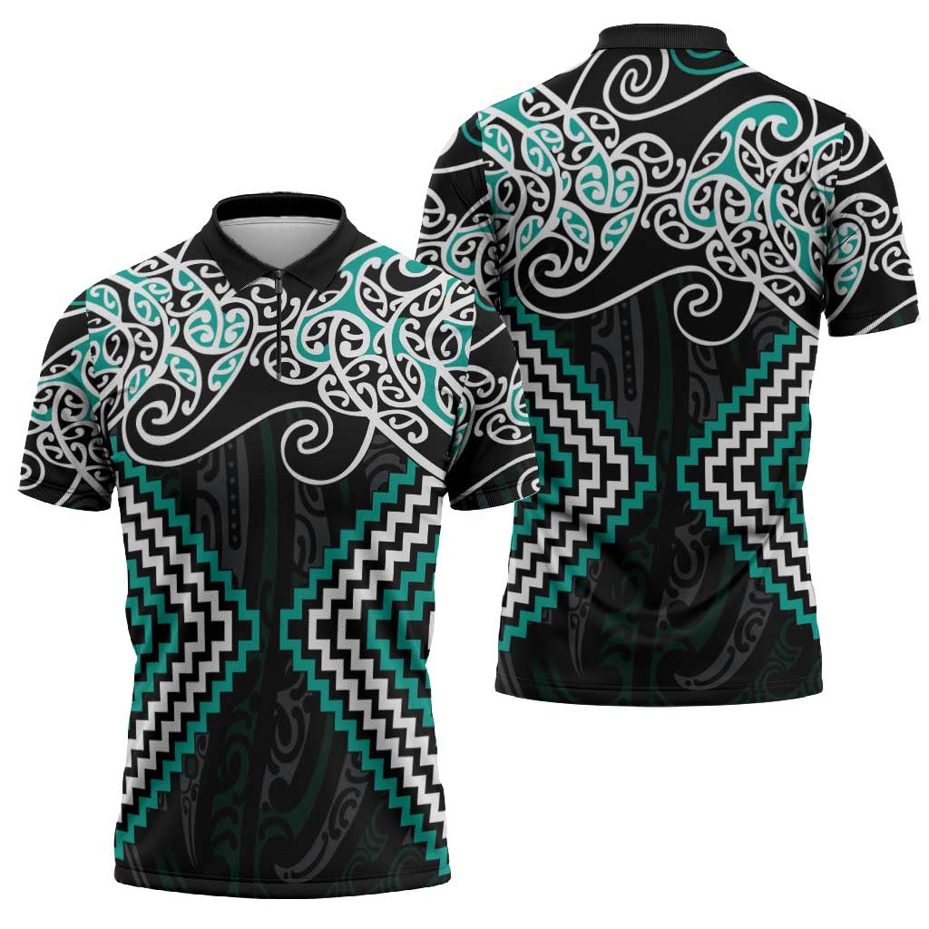 Turquoise Aotearoa Tukutuku Manawa Tapu Zipper Polo Shirt Ta Moko Toi Maori - Polynesian Pride