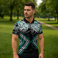 Turquoise Aotearoa Tukutuku Manawa Tapu Zipper Polo Shirt Ta Moko Toi Maori - Polynesian Pride
