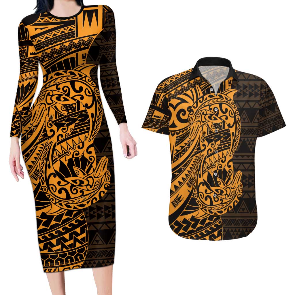 Gold Couple Dolphins Maori Polynesian Style Couples Matching Long Sleeve Bodycon Dress and Hawaiian Shirt