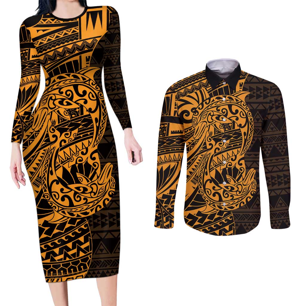 Gold Couple Dolphins Maori Polynesian Style Couples Matching Long Sleeve Bodycon Dress and Long Sleeve Button Shirt