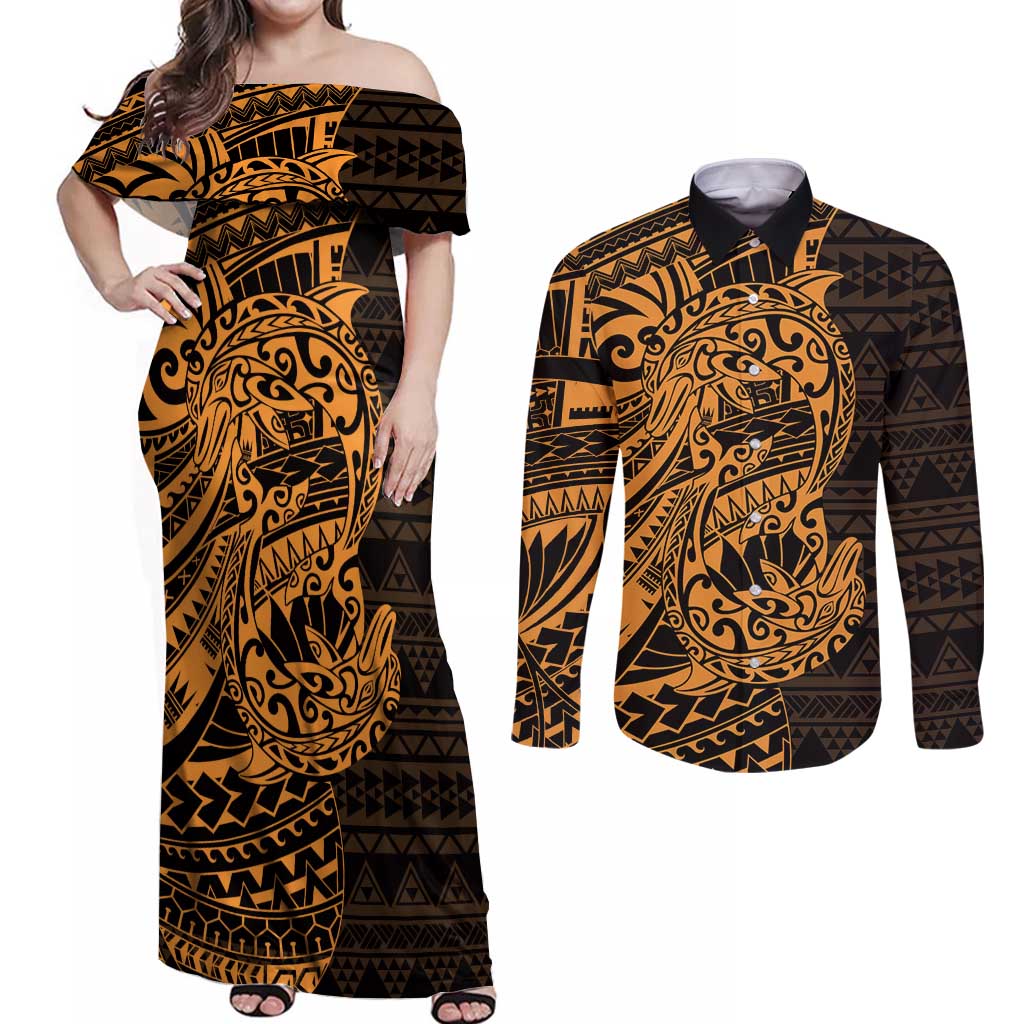 Gold Couple Dolphins Maori Polynesian Style Couples Matching Off Shoulder Maxi Dress and Long Sleeve Button Shirt