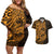 Gold Couple Dolphins Maori Polynesian Style Couples Matching Off Shoulder Short Dress and Hawaiian Shirt