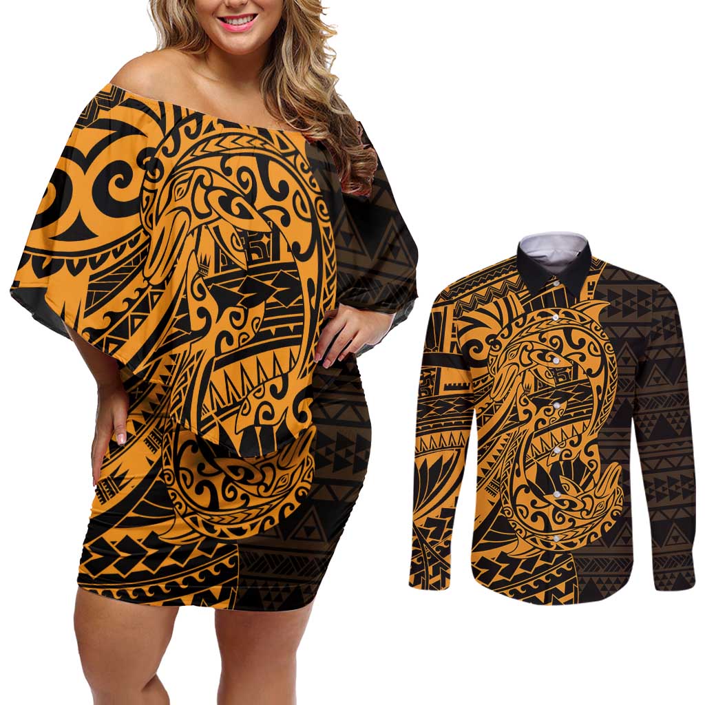 Gold Couple Dolphins Maori Polynesian Style Couples Matching Off Shoulder Short Dress and Long Sleeve Button Shirt