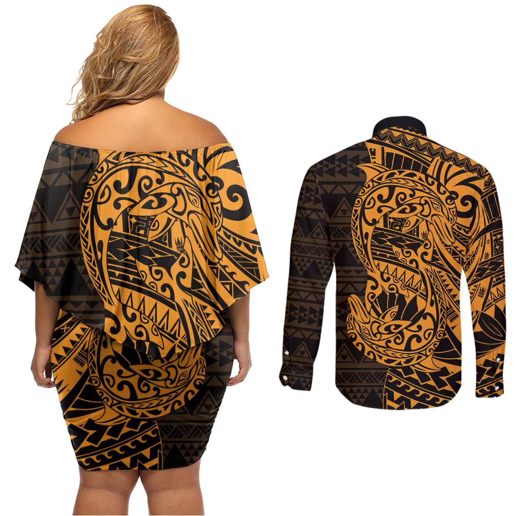Gold Couple Dolphins Maori Polynesian Style Couples Matching Off Shoulder Short Dress and Long Sleeve Button Shirt