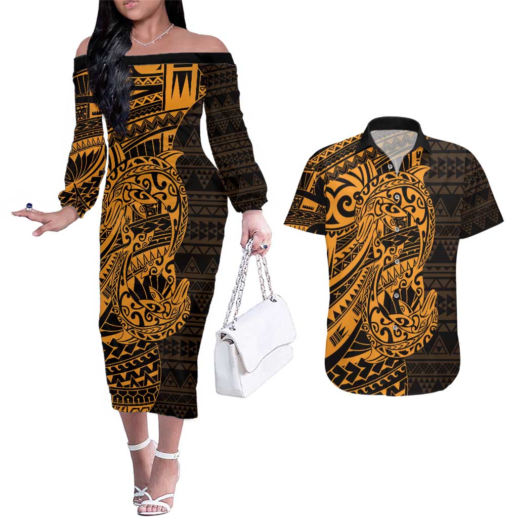 Gold Couple Dolphins Maori Polynesian Style Couples Matching Off The Shoulder Long Sleeve Dress and Hawaiian Shirt