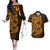 Gold Couple Dolphins Maori Polynesian Style Couples Matching Off The Shoulder Long Sleeve Dress and Hawaiian Shirt