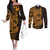 Gold Couple Dolphins Maori Polynesian Style Couples Matching Off The Shoulder Long Sleeve Dress and Long Sleeve Button Shirt