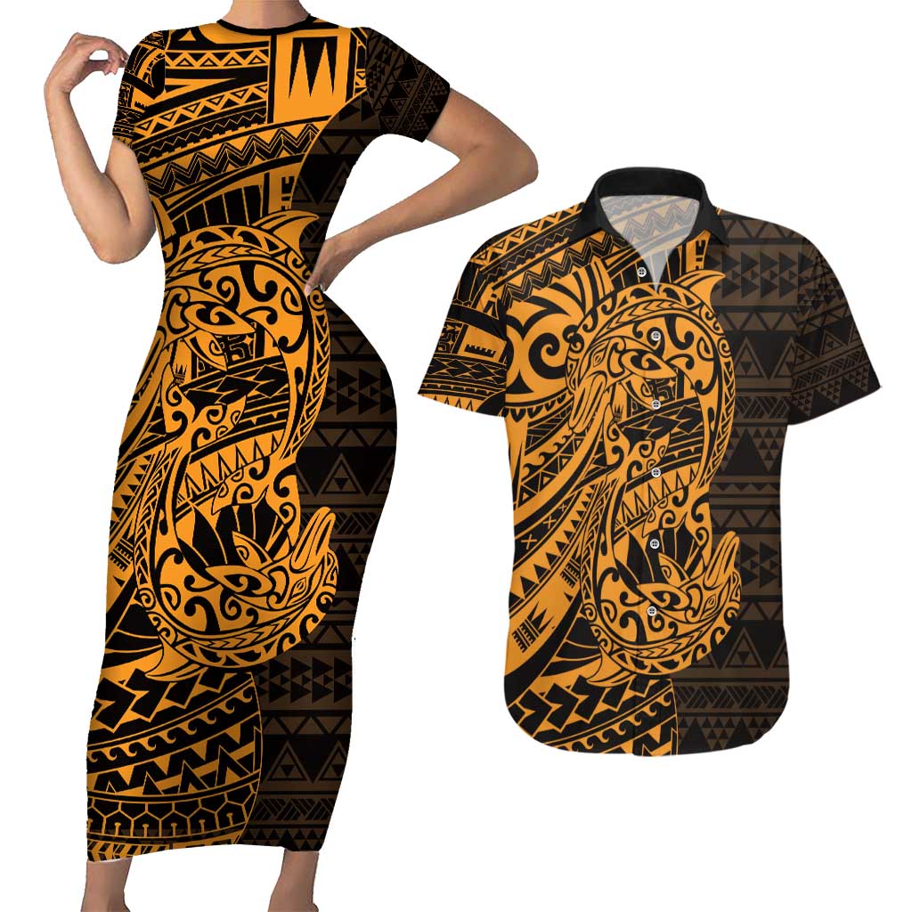 Gold Couple Dolphins Maori Polynesian Style Couples Matching Short Sleeve Bodycon Dress and Hawaiian Shirt