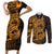 Gold Couple Dolphins Maori Polynesian Style Couples Matching Short Sleeve Bodycon Dress and Long Sleeve Button Shirt