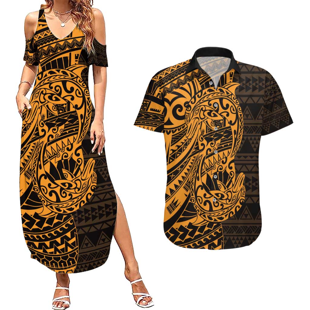 Gold Couple Dolphins Maori Polynesian Style Couples Matching Summer Maxi Dress and Hawaiian Shirt