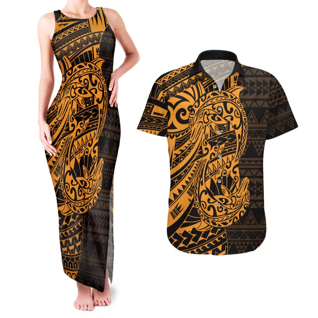 Gold Couple Dolphins Maori Polynesian Style Couples Matching Tank Maxi Dress and Hawaiian Shirt