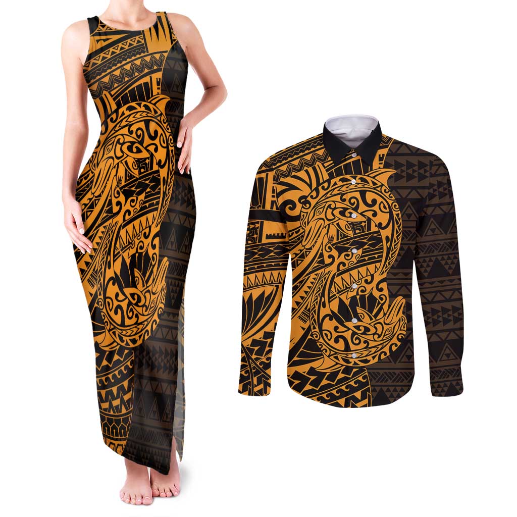 Gold Couple Dolphins Maori Polynesian Style Couples Matching Tank Maxi Dress and Long Sleeve Button Shirt