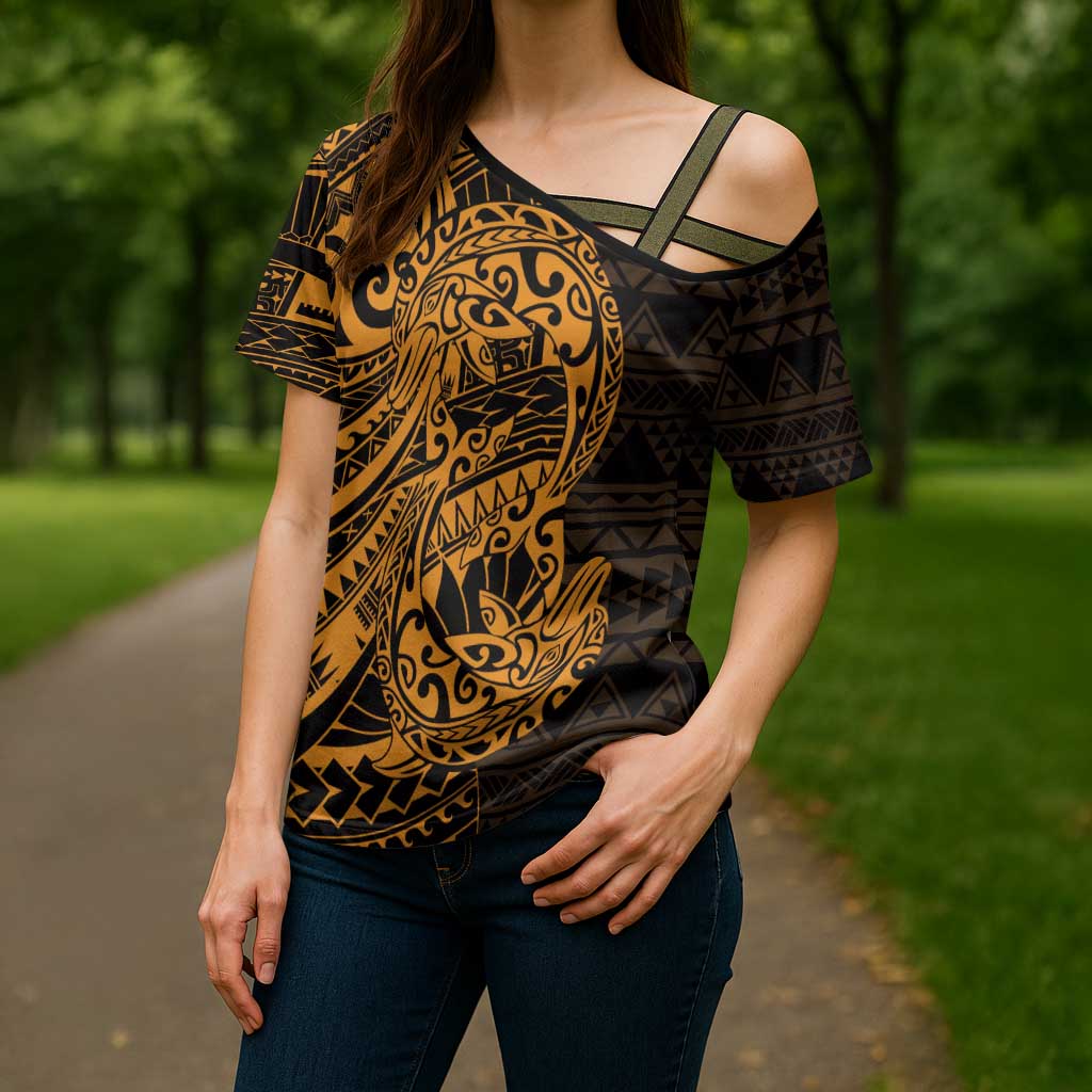 Gold Couple Dolphins Maori Polynesian Style Cross Shoulder Shirt - Polynesian Pride