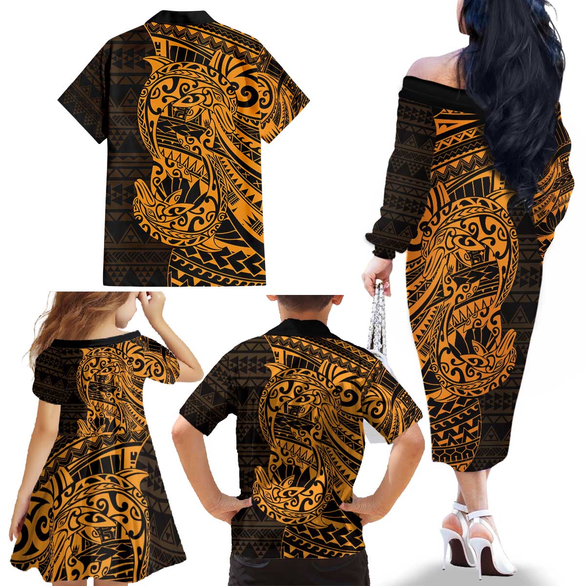 Gold Couple Dolphins Maori Polynesian Style Family Matching Off The Shoulder Long Sleeve Dress and Hawaiian Shirt