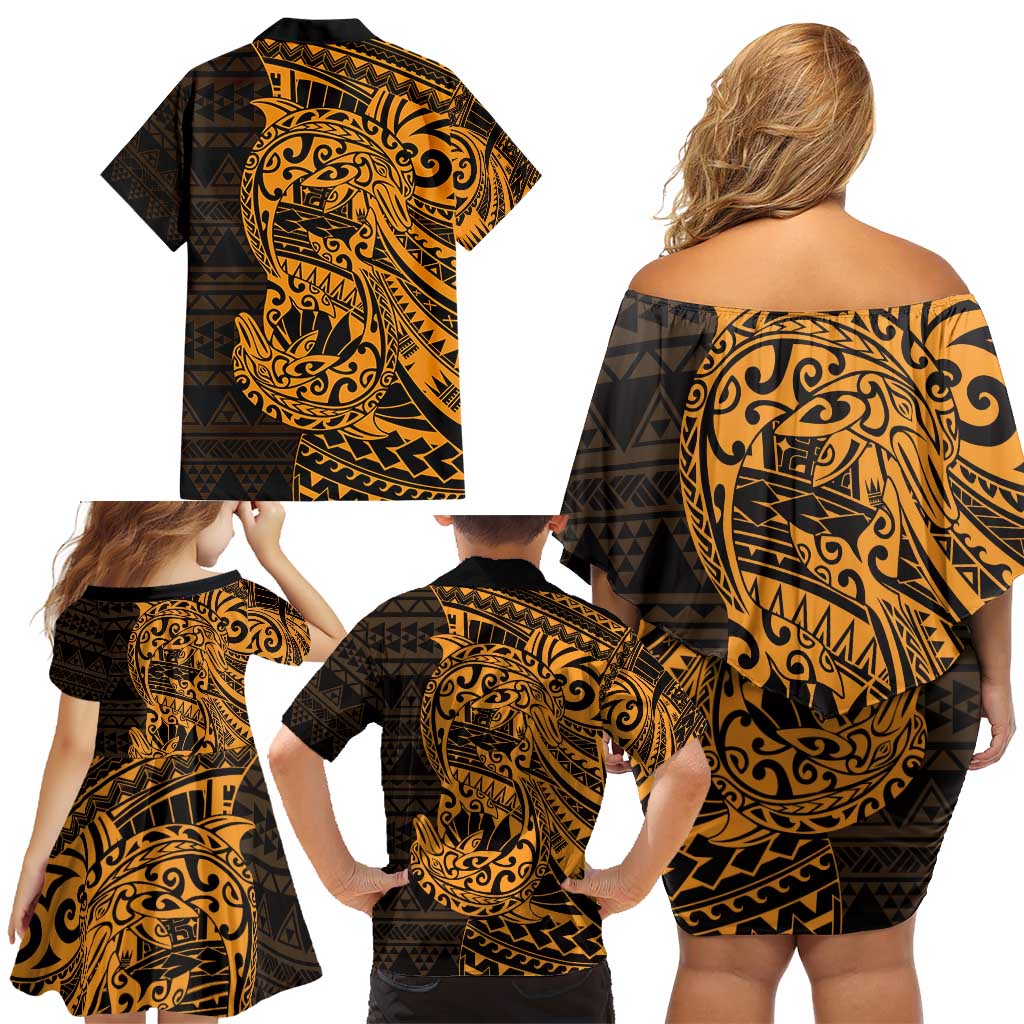 Gold Couple Dolphins Maori Polynesian Style Family Matching Off Shoulder Short Dress and Hawaiian Shirt