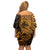 Gold Couple Dolphins Maori Polynesian Style Family Matching Off Shoulder Short Dress and Hawaiian Shirt