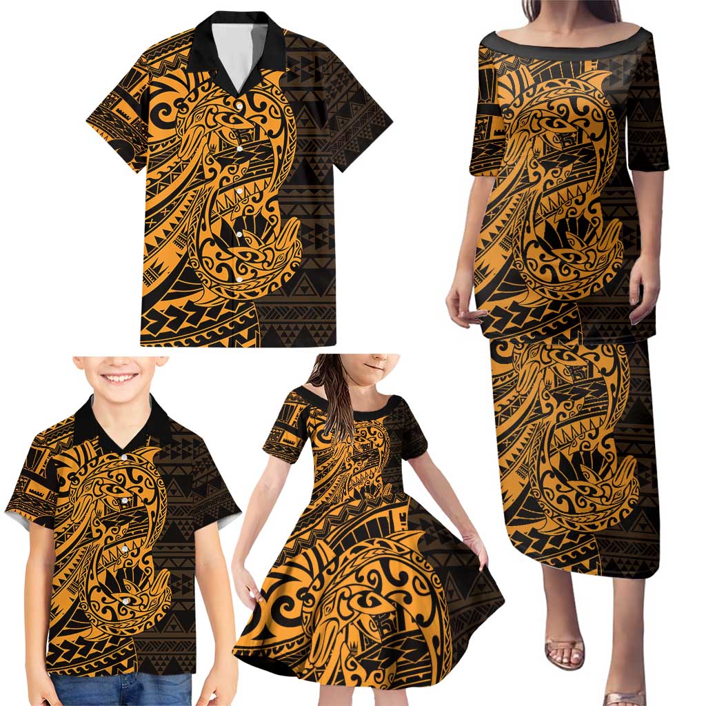 Gold Couple Dolphins Maori Polynesian Style Family Matching Puletasi and Hawaiian Shirt