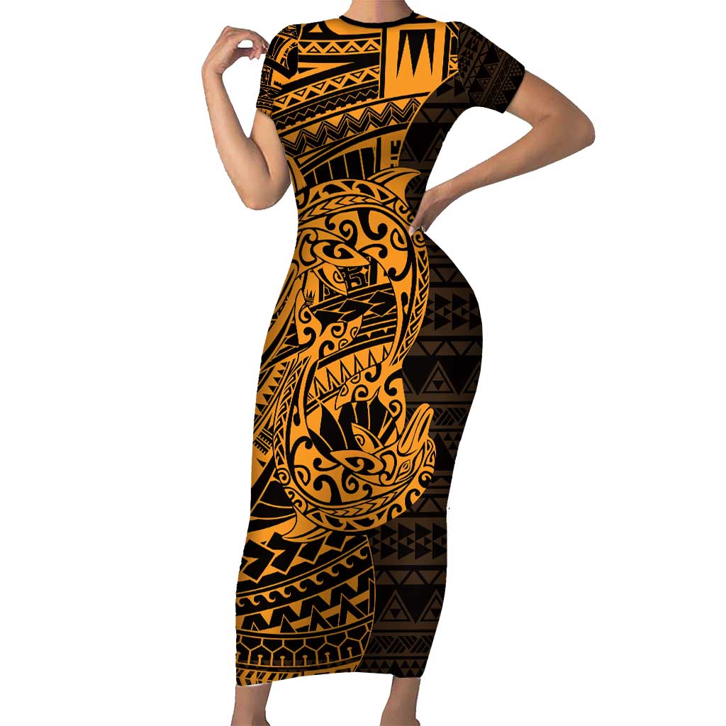 Gold Couple Dolphins Maori Polynesian Style Family Matching Short Sleeve Bodycon Dress and Hawaiian Shirt