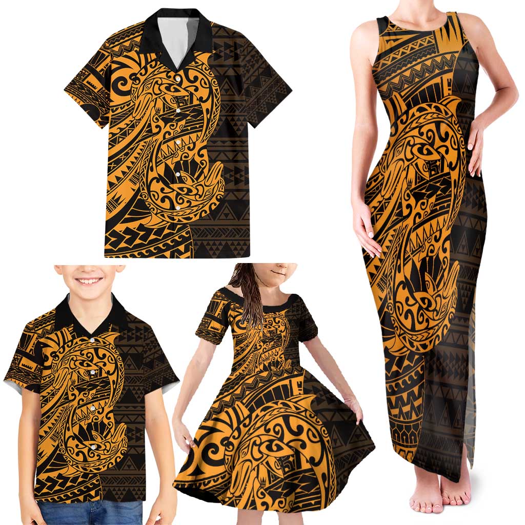 Gold Couple Dolphins Maori Polynesian Style Family Matching Tank Maxi Dress and Hawaiian Shirt