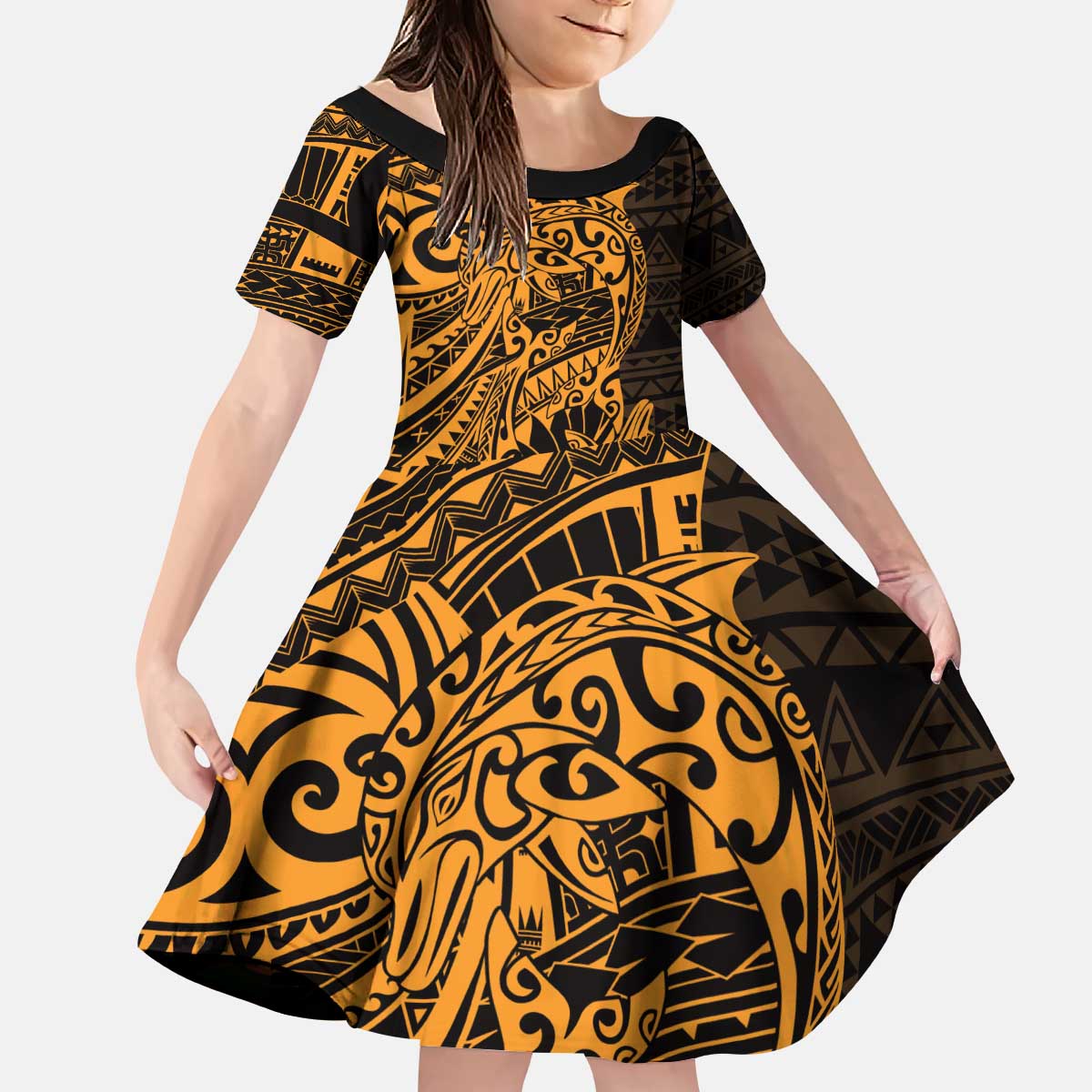 Gold Couple Dolphins Maori Polynesian Style Kid Short Sleeve Dress