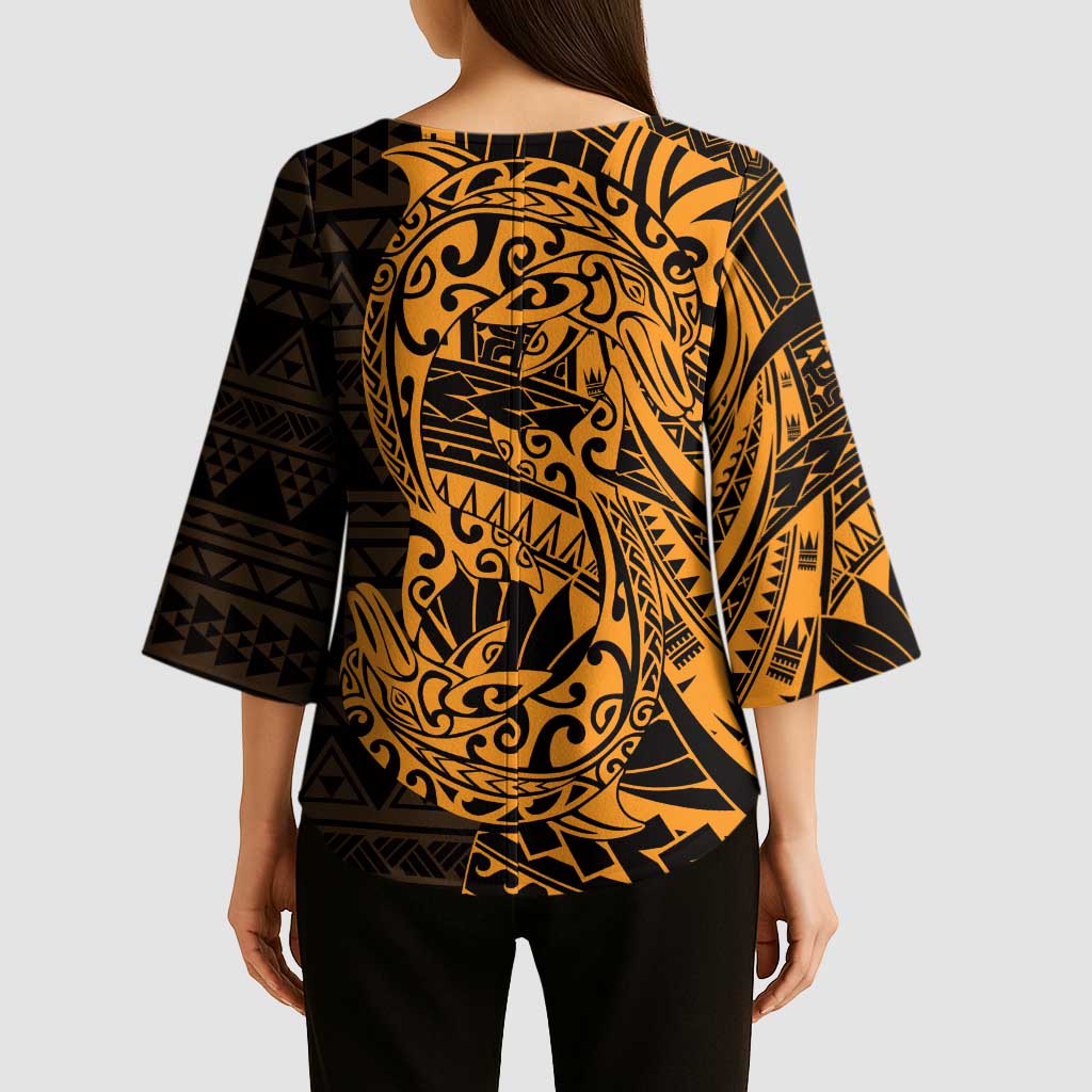 Gold Couple Dolphins Maori Polynesian Style Kimono Sleeve Blouse - Polynesian Pride
