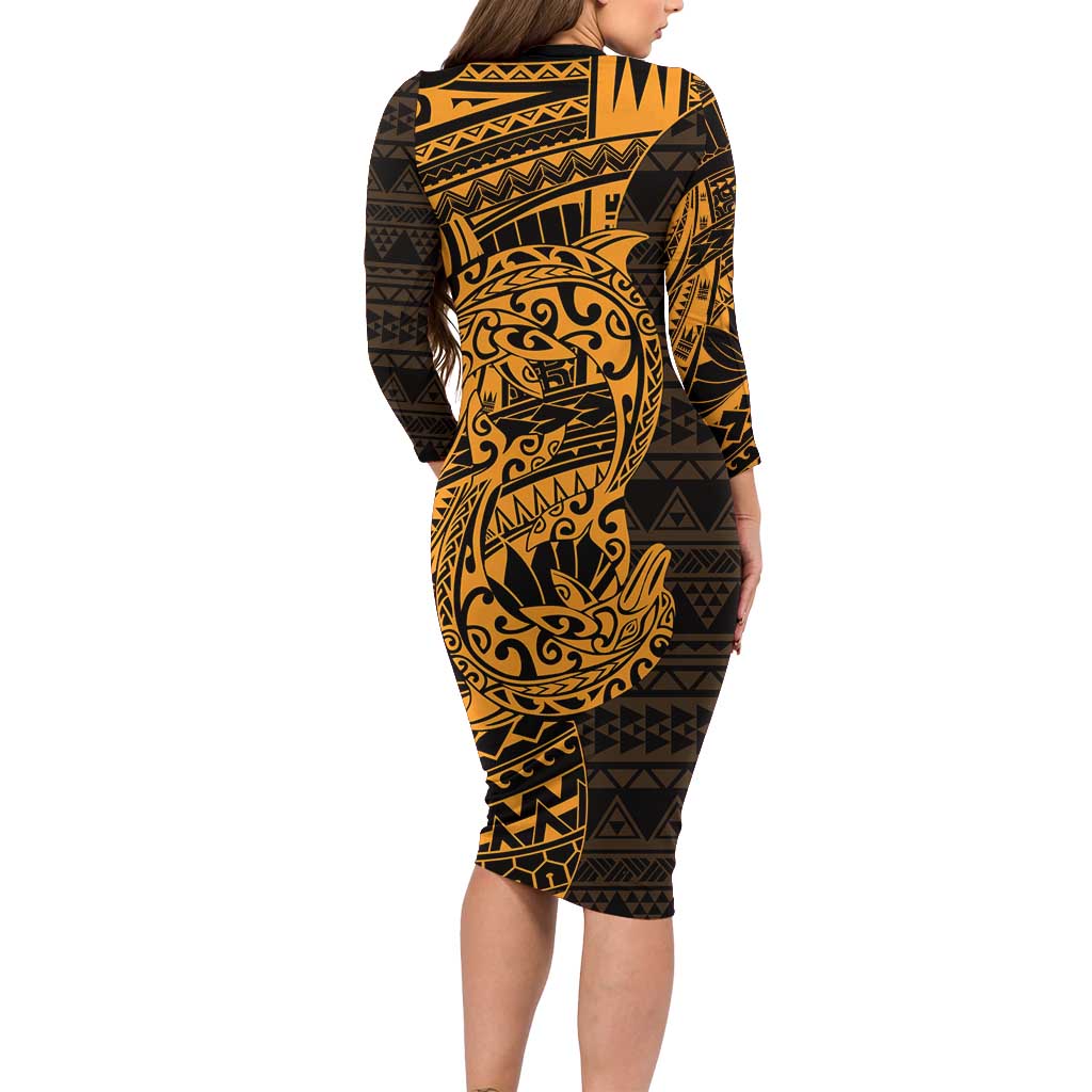 Gold Couple Dolphins Maori Polynesian Style Long Sleeve Bodycon Dress
