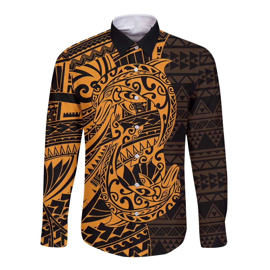 Gold Couple Dolphins Maori Polynesian Style Long Sleeve Button Shirt