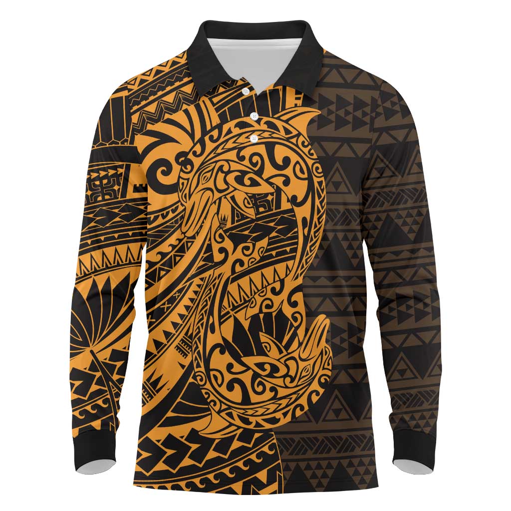 Gold Couple Dolphins Maori Polynesian Style Long Sleeve Polo Shirt