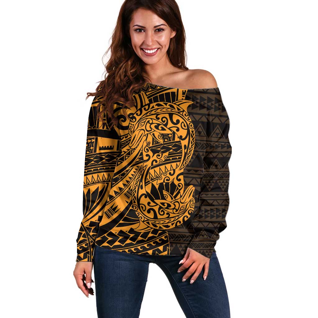 Gold Couple Dolphins Maori Polynesian Style Off Shoulder Sweater