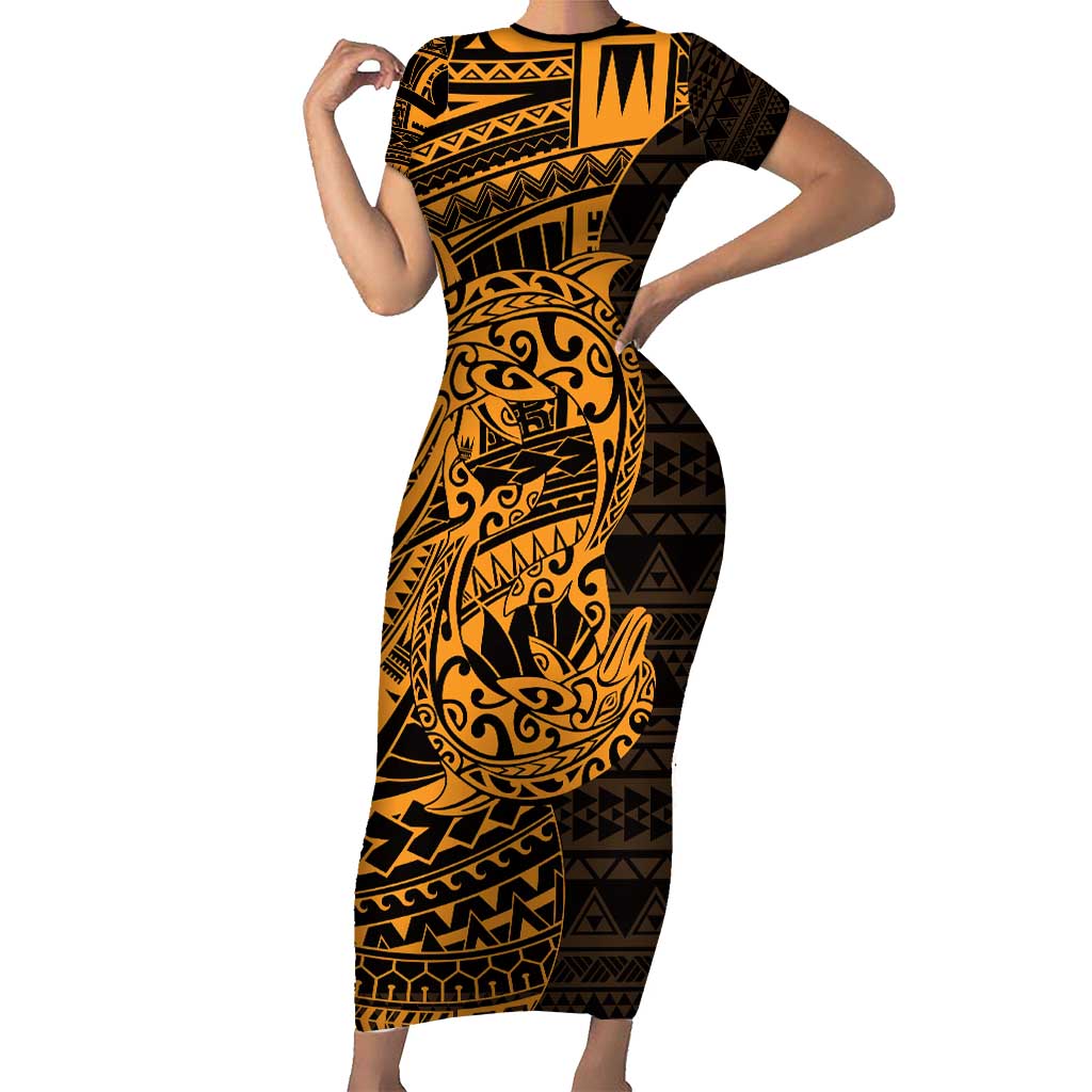 Gold Couple Dolphins Maori Polynesian Style Short Sleeve Bodycon Dress