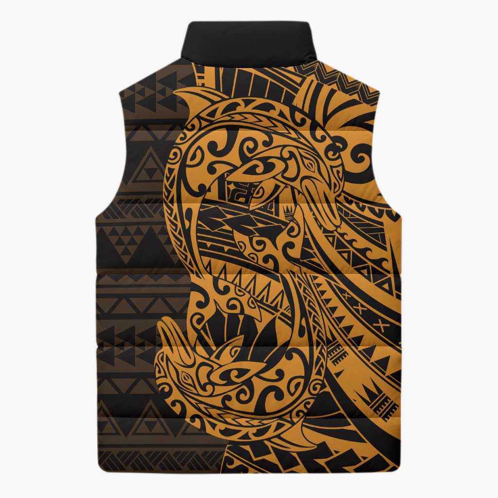 Gold Couple Dolphins Maori Polynesian Style Sleeveless Puffer Jacket - Polynesian Pride