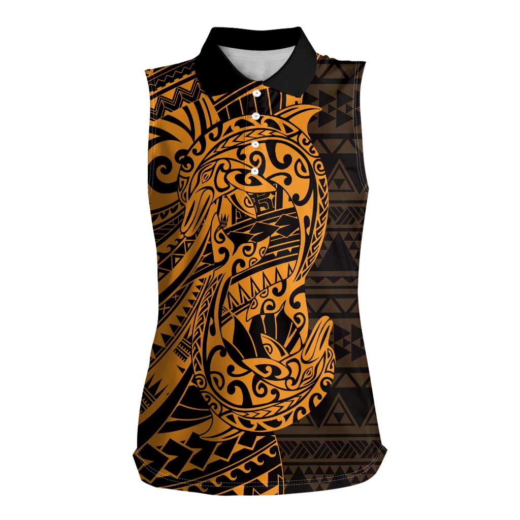 Gold Couple Dolphins Maori Polynesian Style Women Sleeveless Polo Shirt