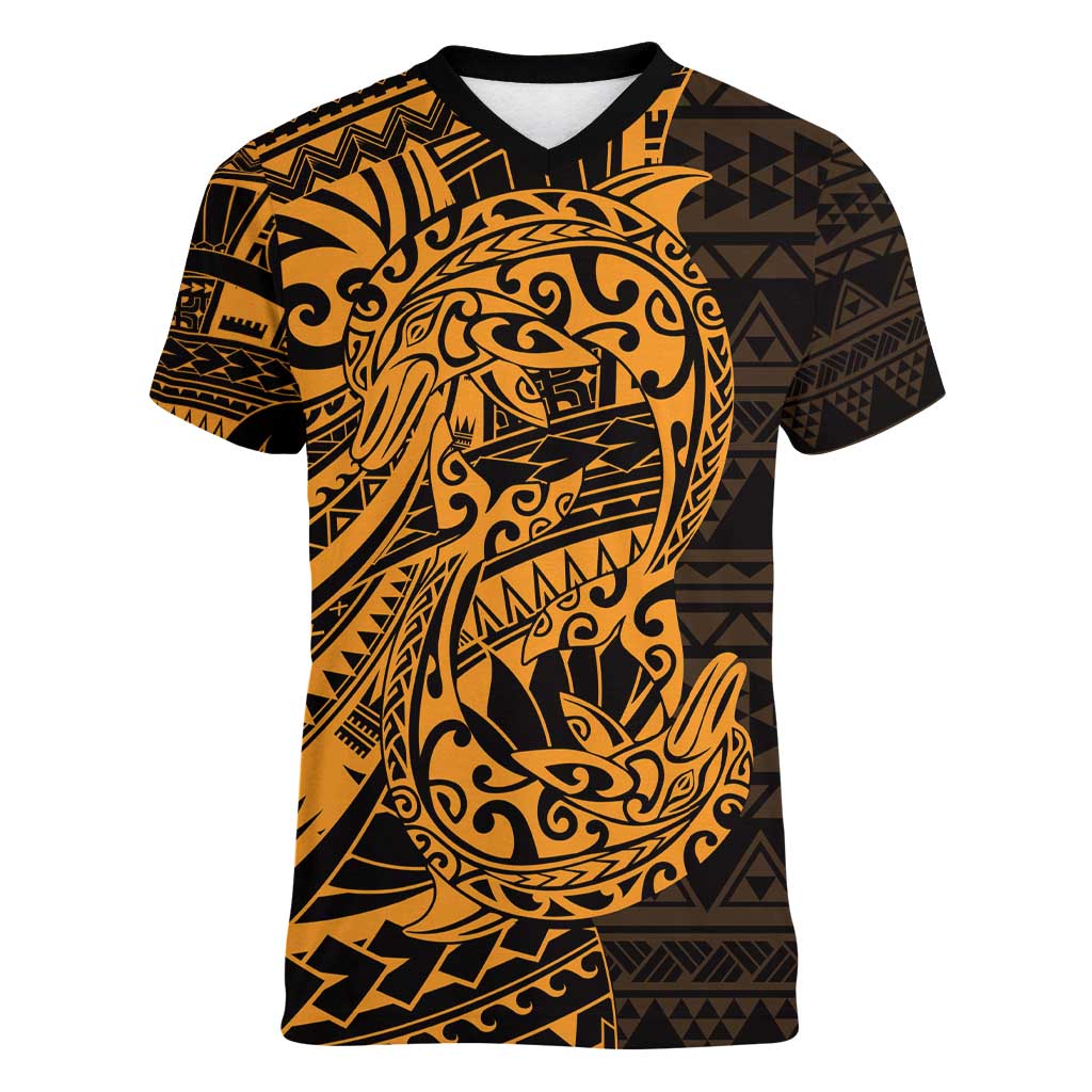 Gold Couple Dolphins Maori Polynesian Style Women V-Neck T-Shirt