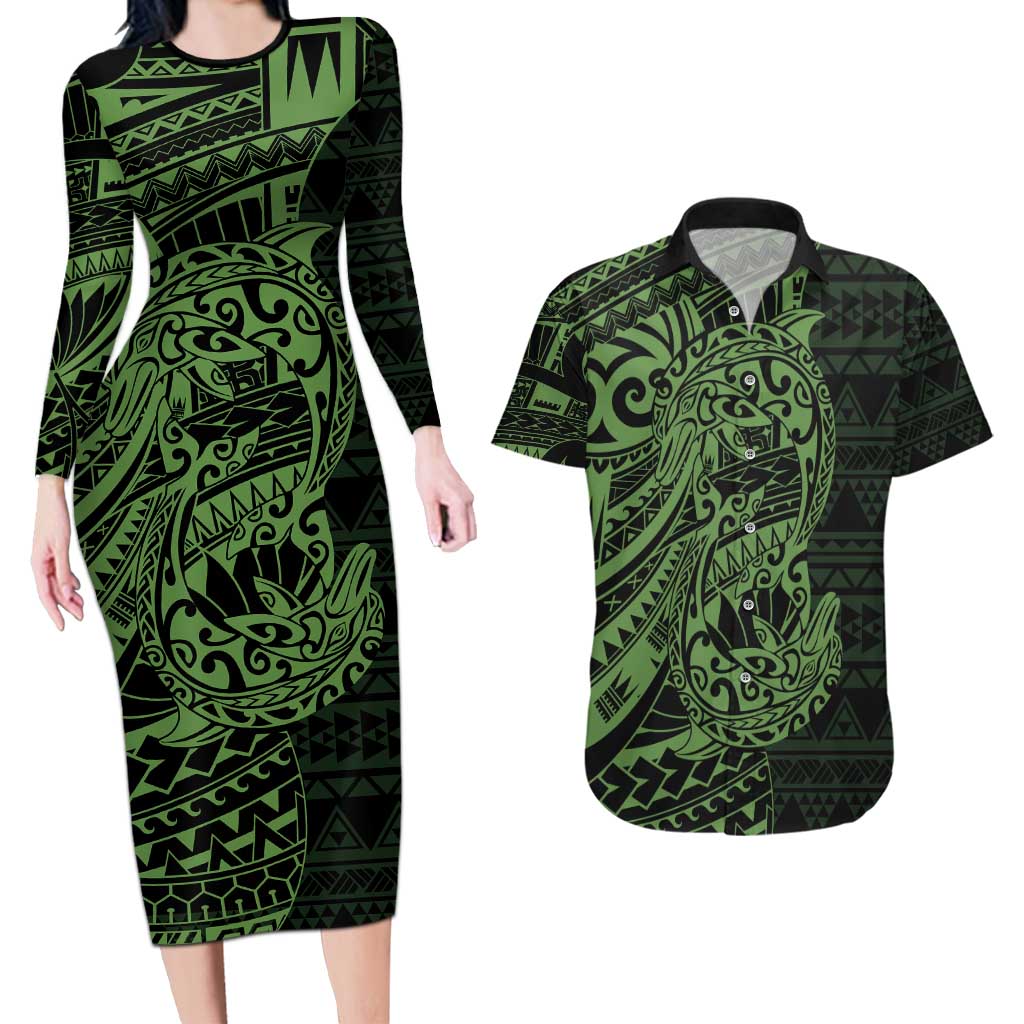 Green Couple Dolphins Maori Polynesian Style Couples Matching Long Sleeve Bodycon Dress and Hawaiian Shirt