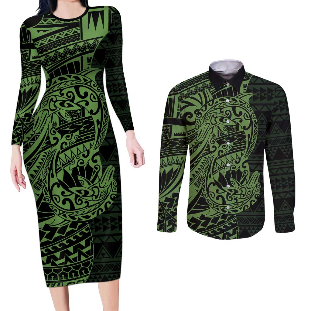 Green Couple Dolphins Maori Polynesian Style Couples Matching Long Sleeve Bodycon Dress and Long Sleeve Button Shirt