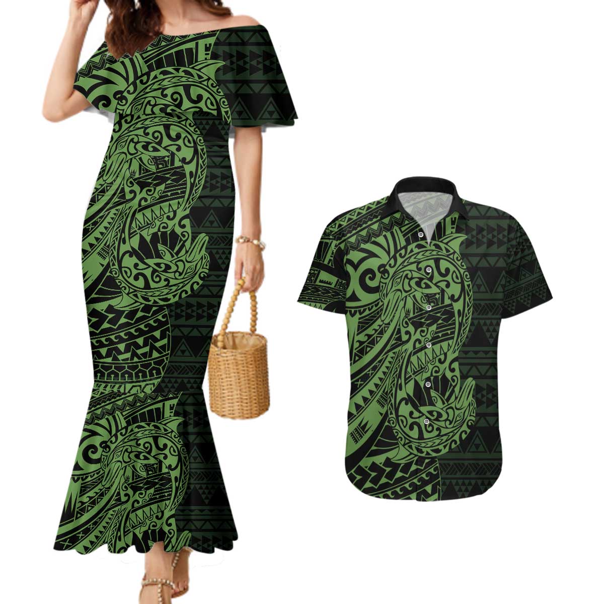 Green Couple Dolphins Maori Polynesian Style Couples Matching Mermaid Dress and Hawaiian Shirt